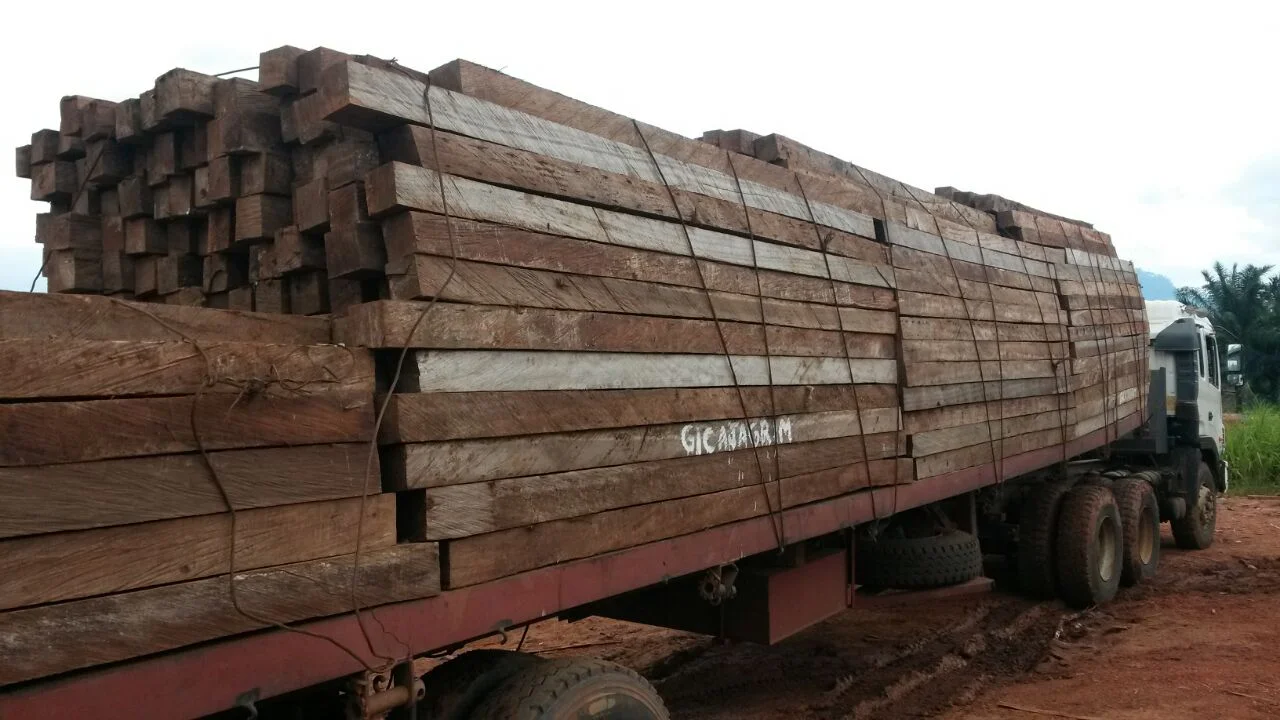 Air dried Iroko sawn timber on flatbed trailer for port delivery