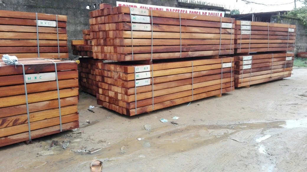 Labeled Iroko timber bundles ready for container loading
