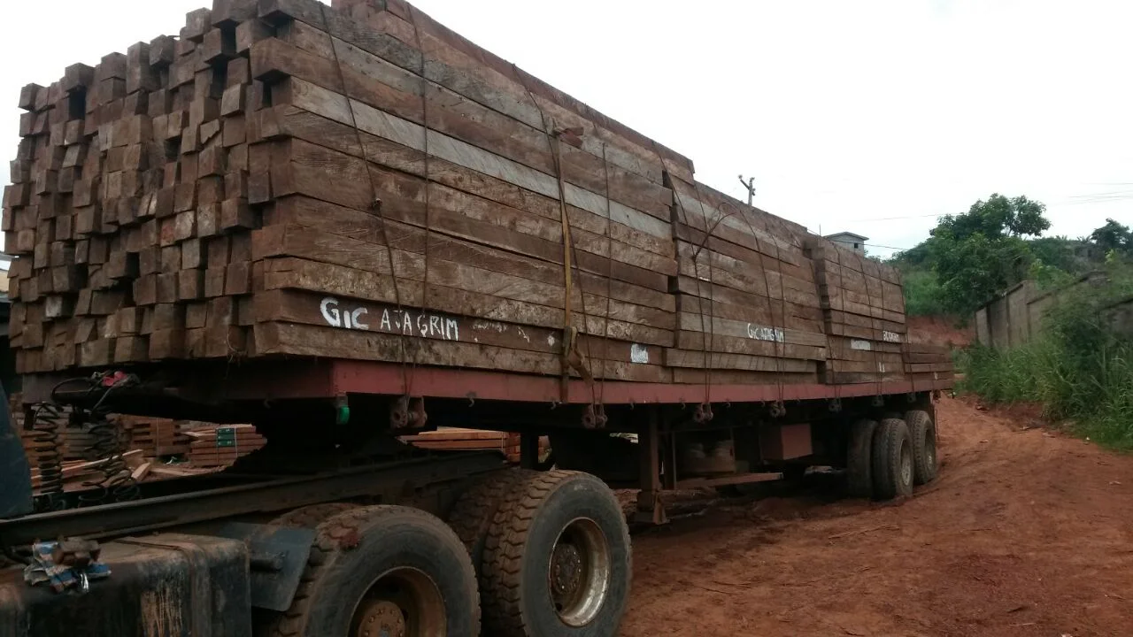 Iroko lumber shipment on articulated trailer - export logistics
