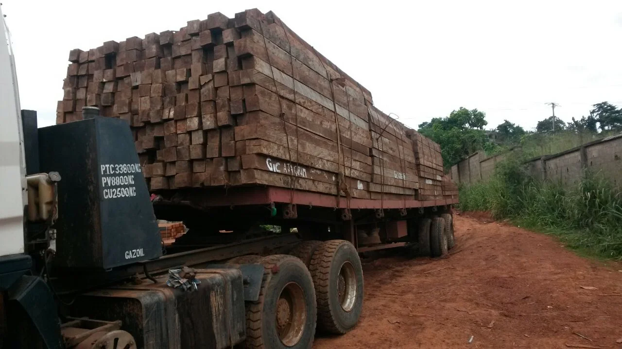 Flatbed trailer carrying bundled Iroko sawn wood along red laterite road