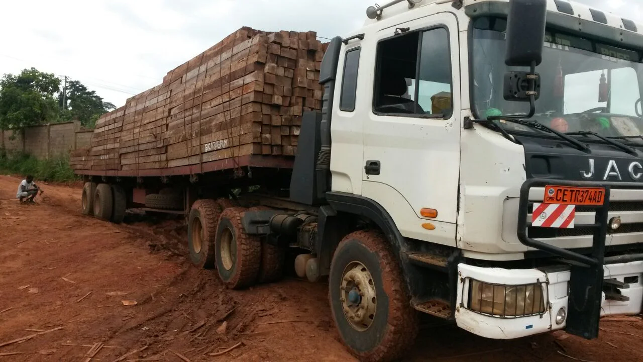 JAC truck transporting Iroko hardwood from forest region to Douala port